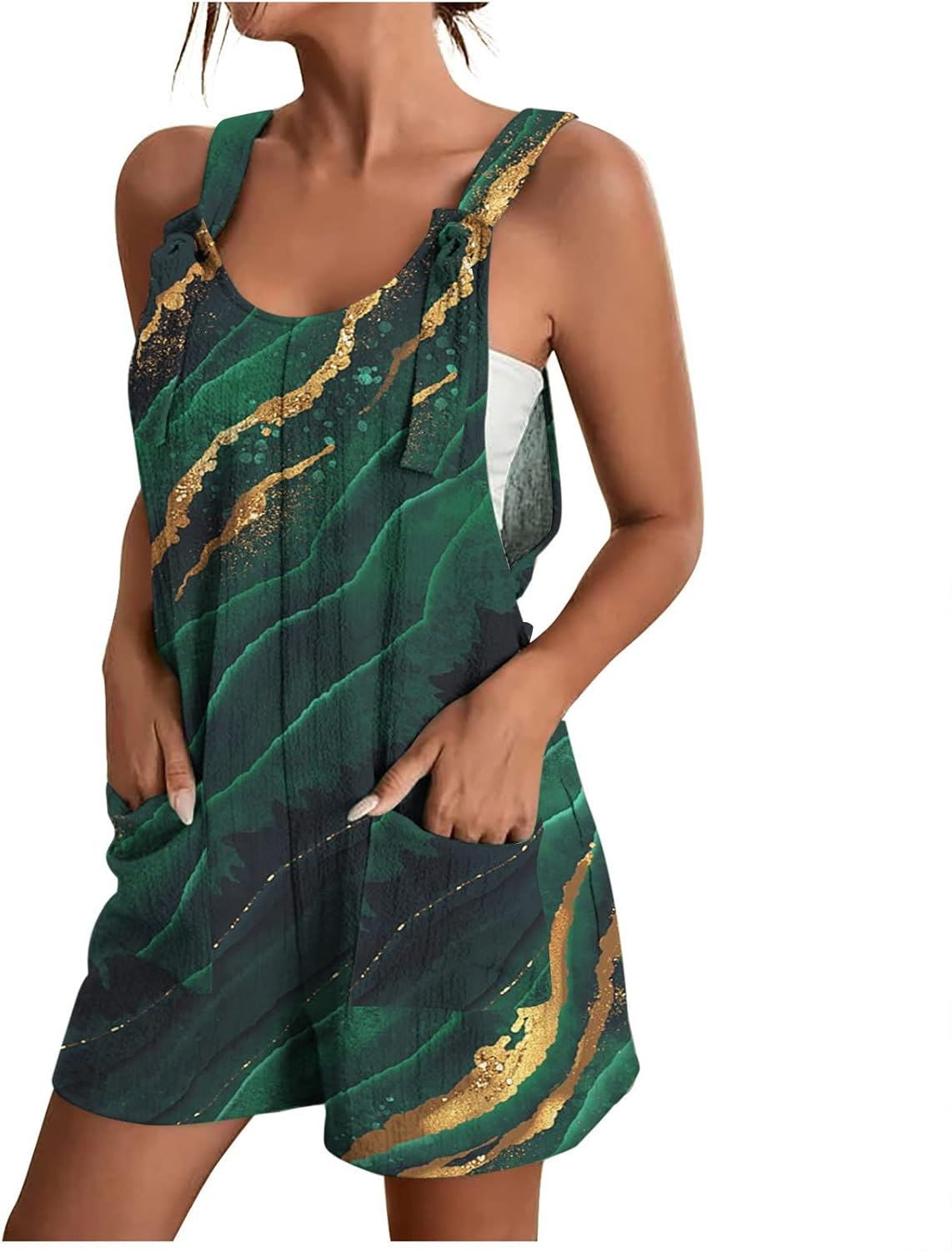 Womens Summer Romper Bib Short Casual Loose Sleeveless Wide Leg Fashion Rompers with Pockets Today's Deals A04 Green S